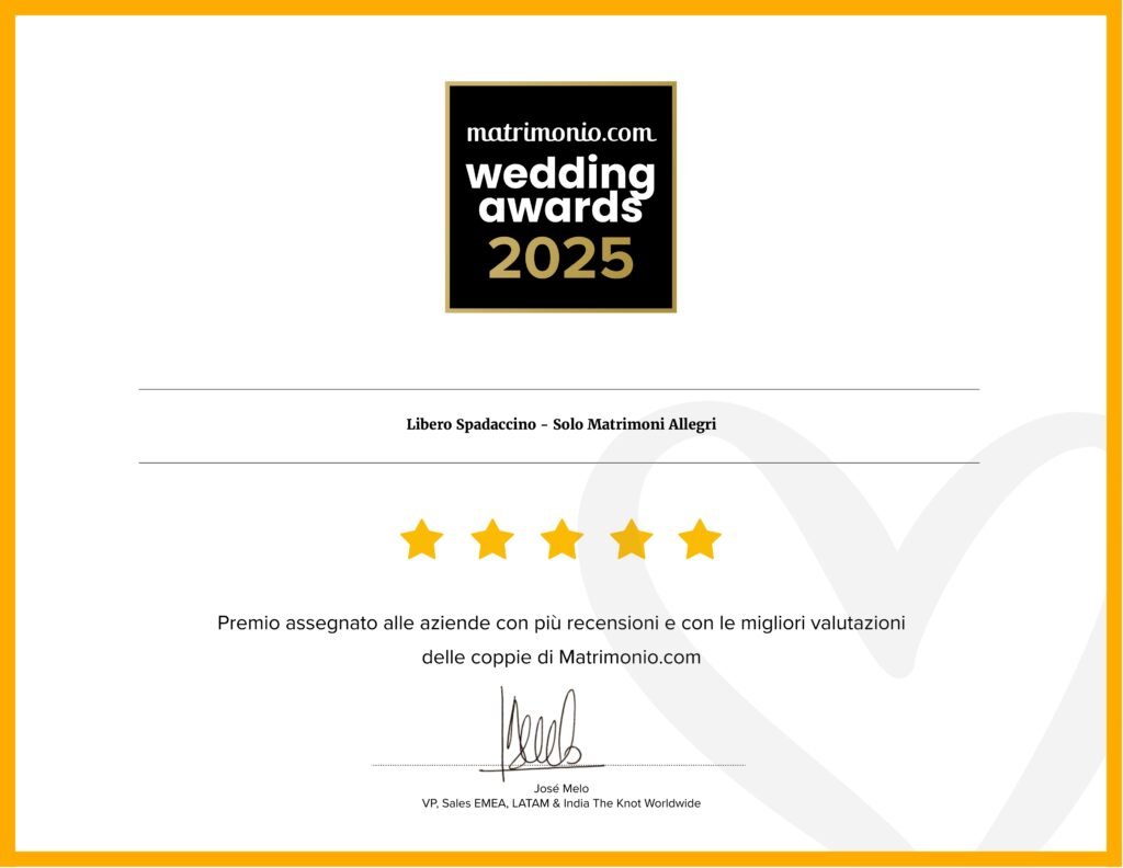 Attestato wedding Awars 2025 rilasciato da matrimonio.com per Libero Spadaccino