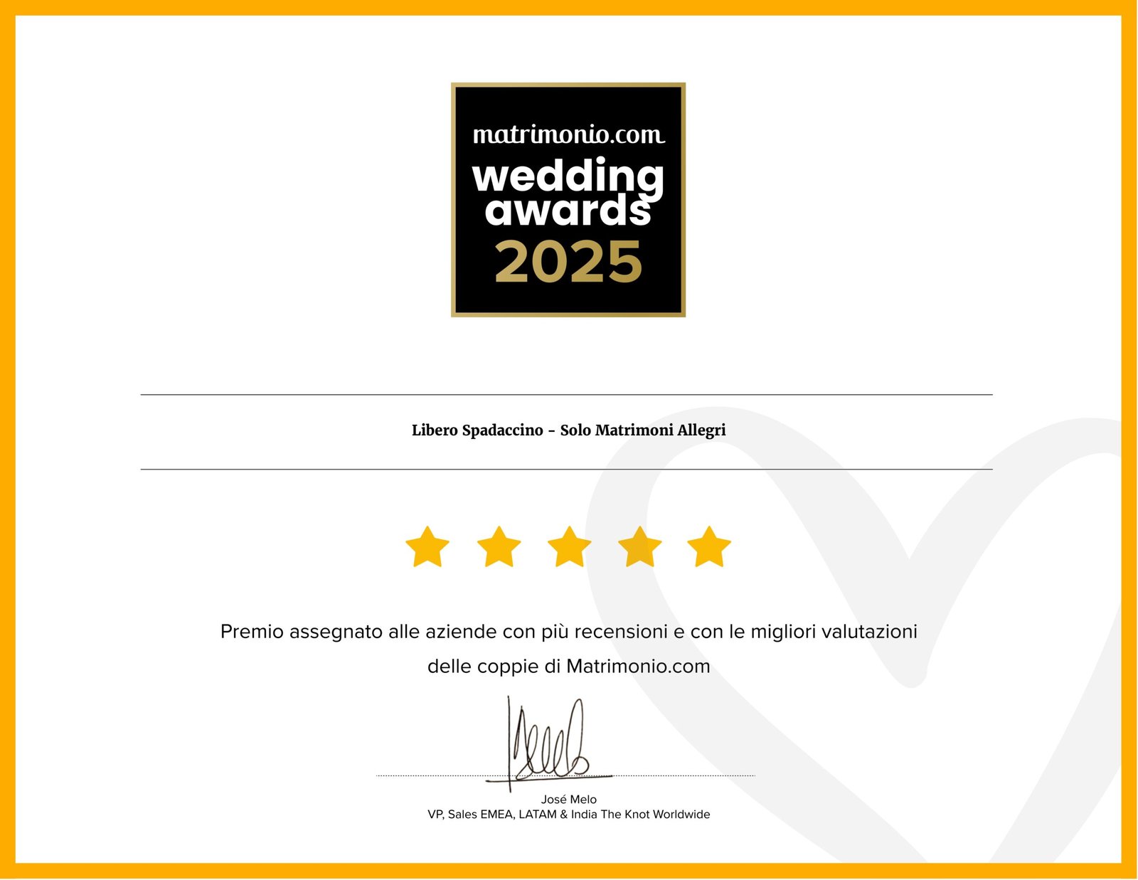 Attestato wedding Awars 2025 rilasciato da matrimonio.com per Libero Spadaccino